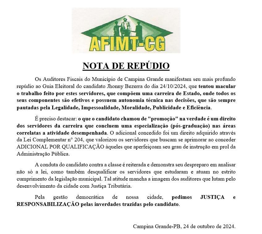 Auditores Fiscais de Campina Grande repudiam declarações do candidato Jhony Bezerra (PSB)